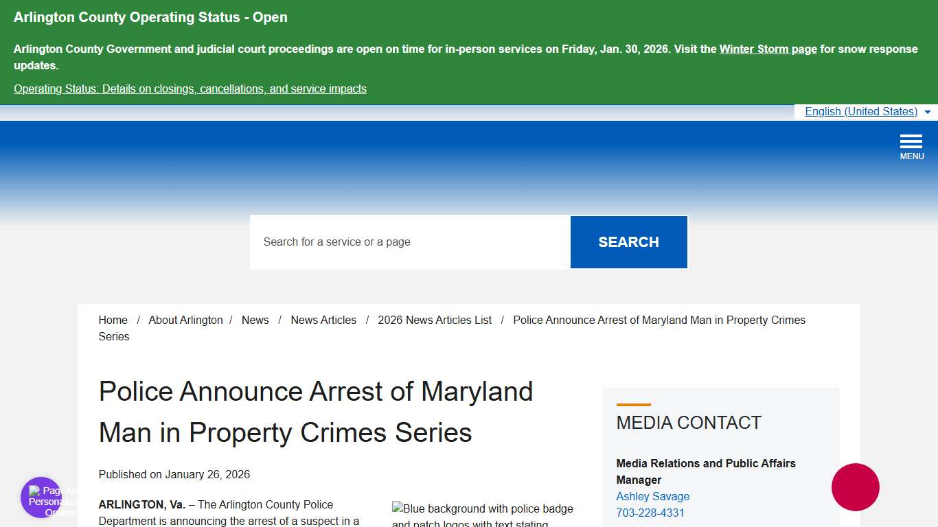 Police Announce Arrest of Maryland Man in Property Crimes Series – Official Website of Arlington County Virginia Government
