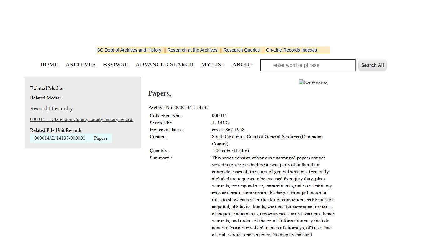 Papers, SC Department of Archives and History